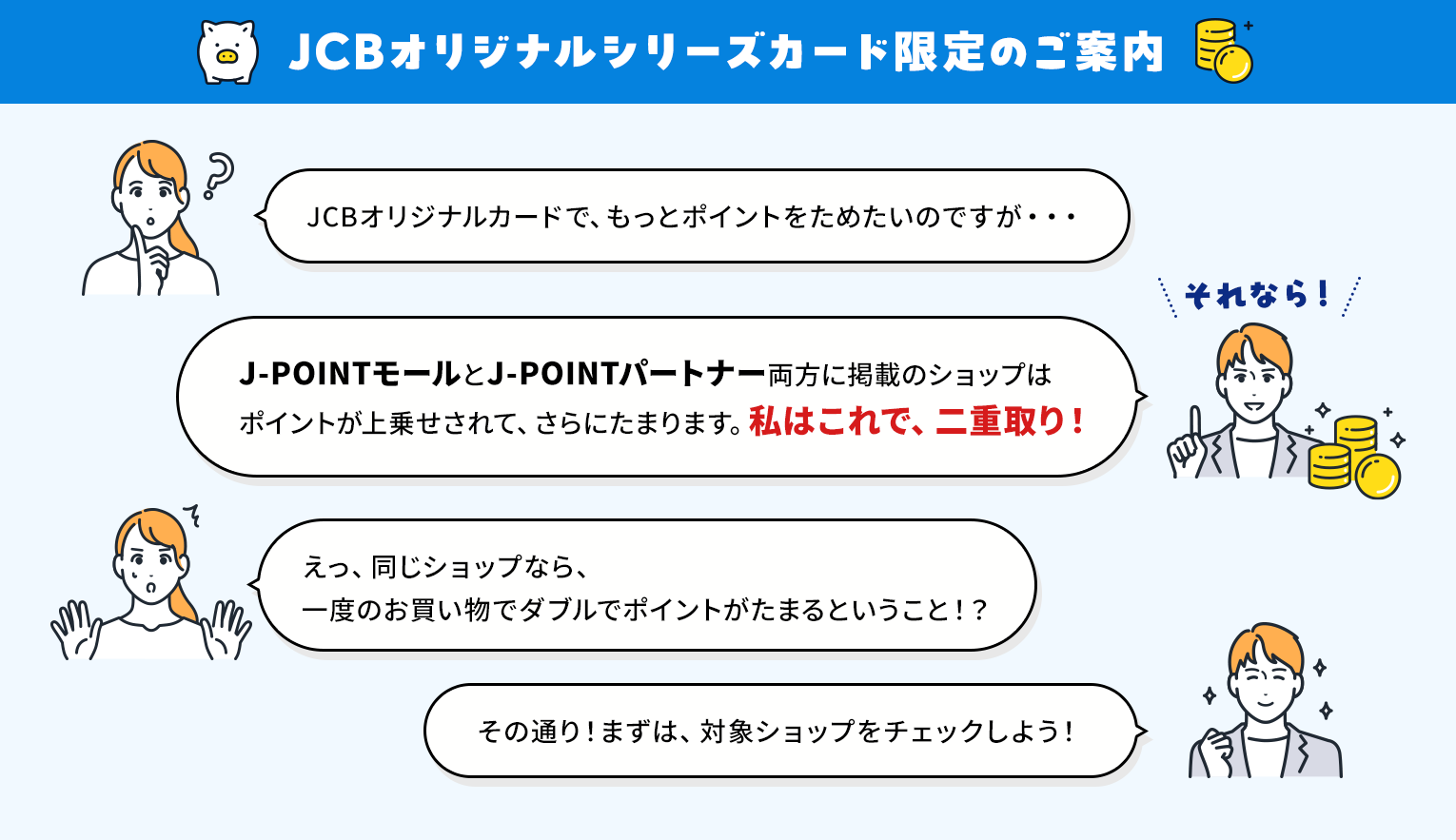 JCBオリジナルシリーズカード限定のご案内「JCBオリジナルカードで、もっとポイントをためたいのですが・・・」「それなら！J-POINTモールとJ-POINTパートナーで同じショップはポイントが上乗せされて、さらにたまります。私はこれで、二重取り！」「えっ、同じショップなら、一度のお買い物でダブルでポイントがたまるということ！？」「その通り！まずは、対象ショップをチェックしよう！」